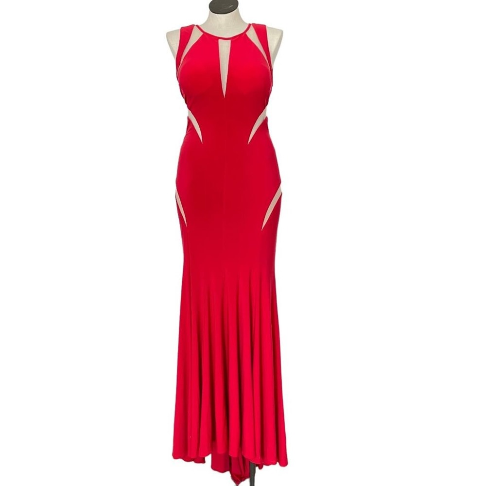 Riva Designs Red Gown Long Mermaid Bodycon Dress Sheer Cutouts Holiday Party 10